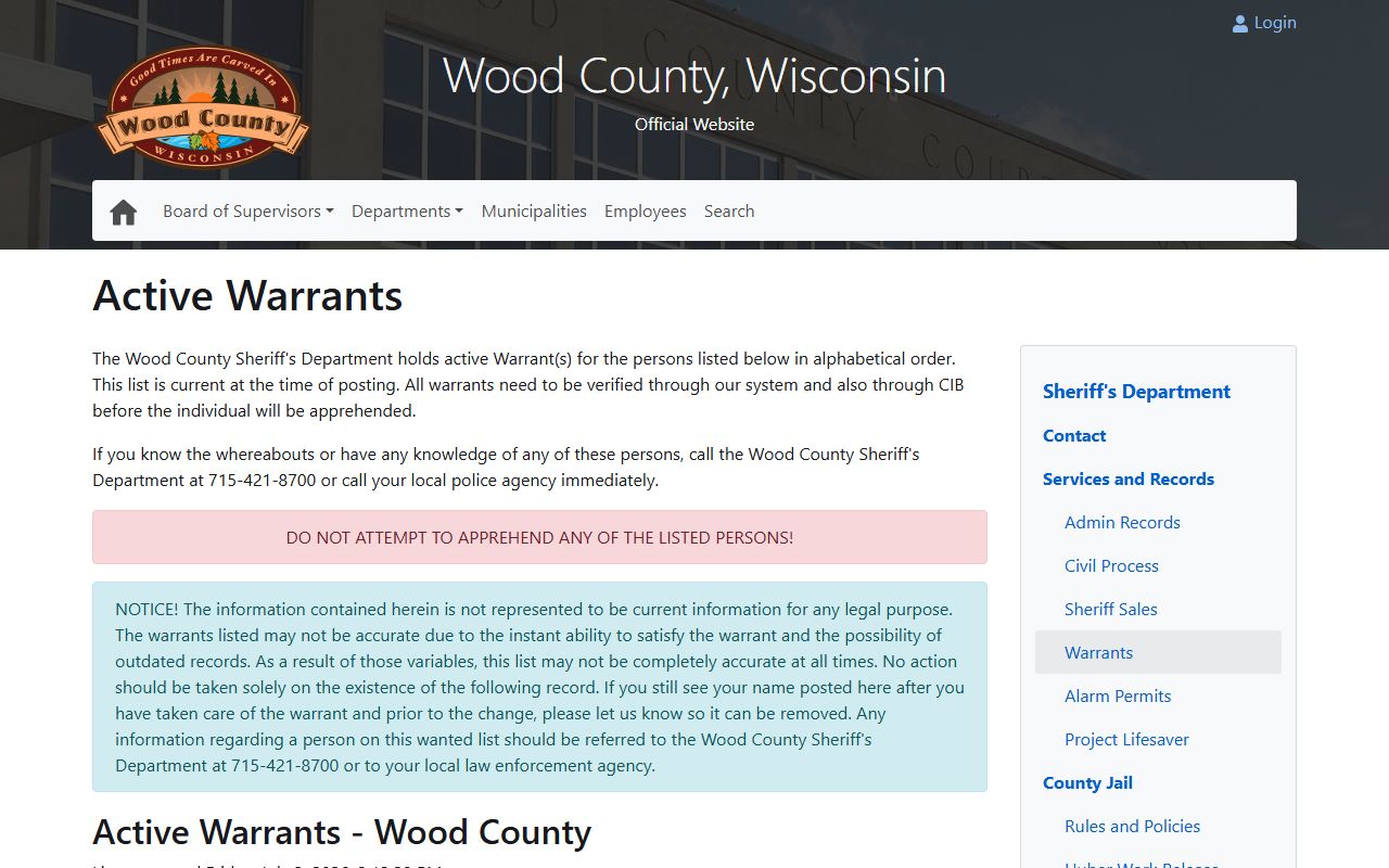 Wood County active warrants list related to arrest and court records
