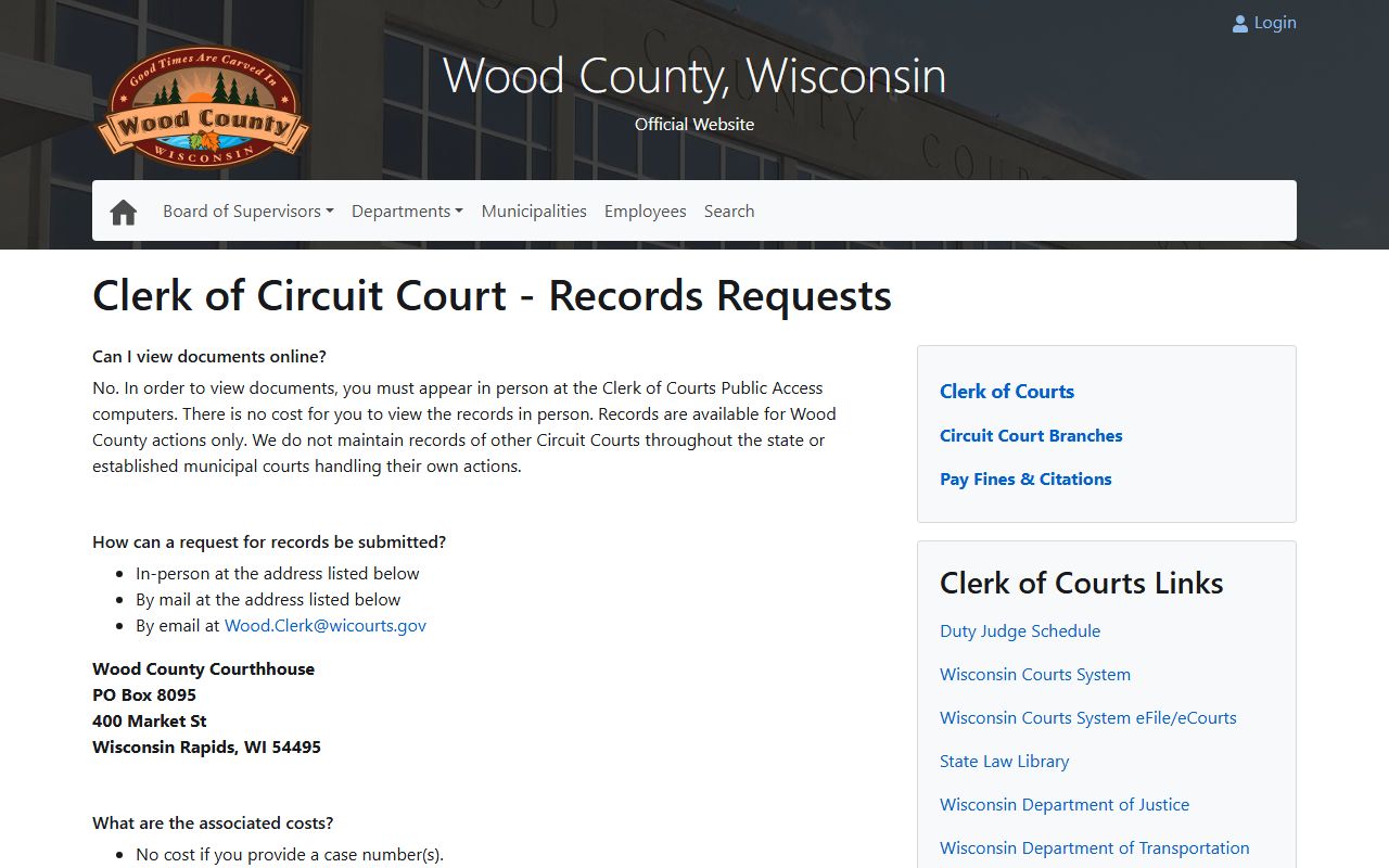 Wood County court records request page for documents after jail arrest
