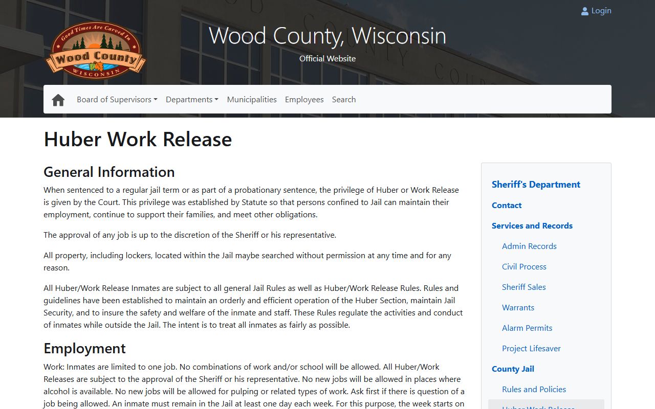 Wood County Jail Huber Work Release inmate program page