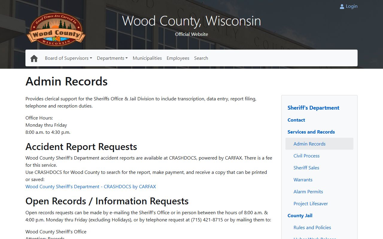 Wood County Sheriff's Admin Records page for booking photo requests