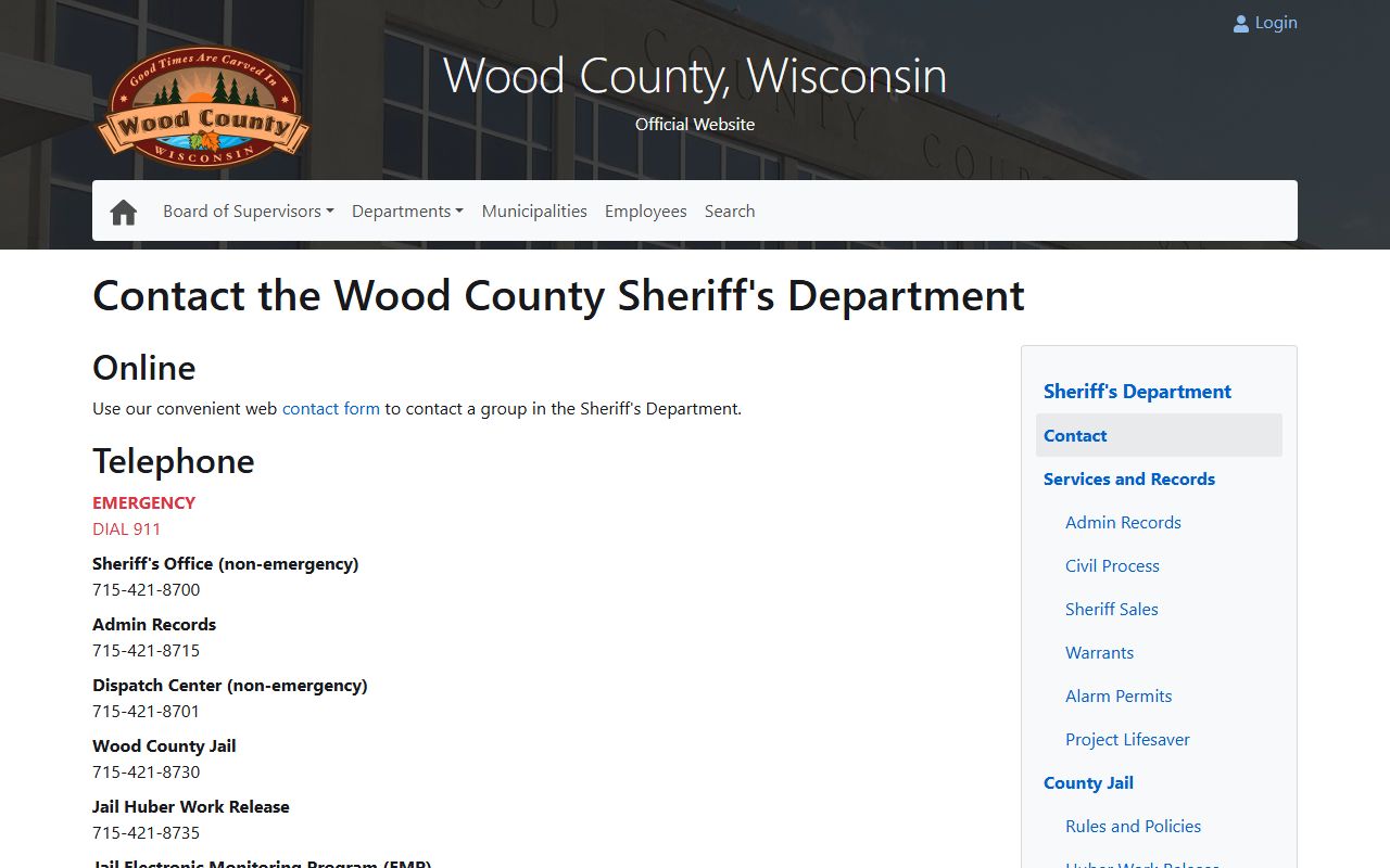 Wood County Sheriff's contact page for jail inmate lookup